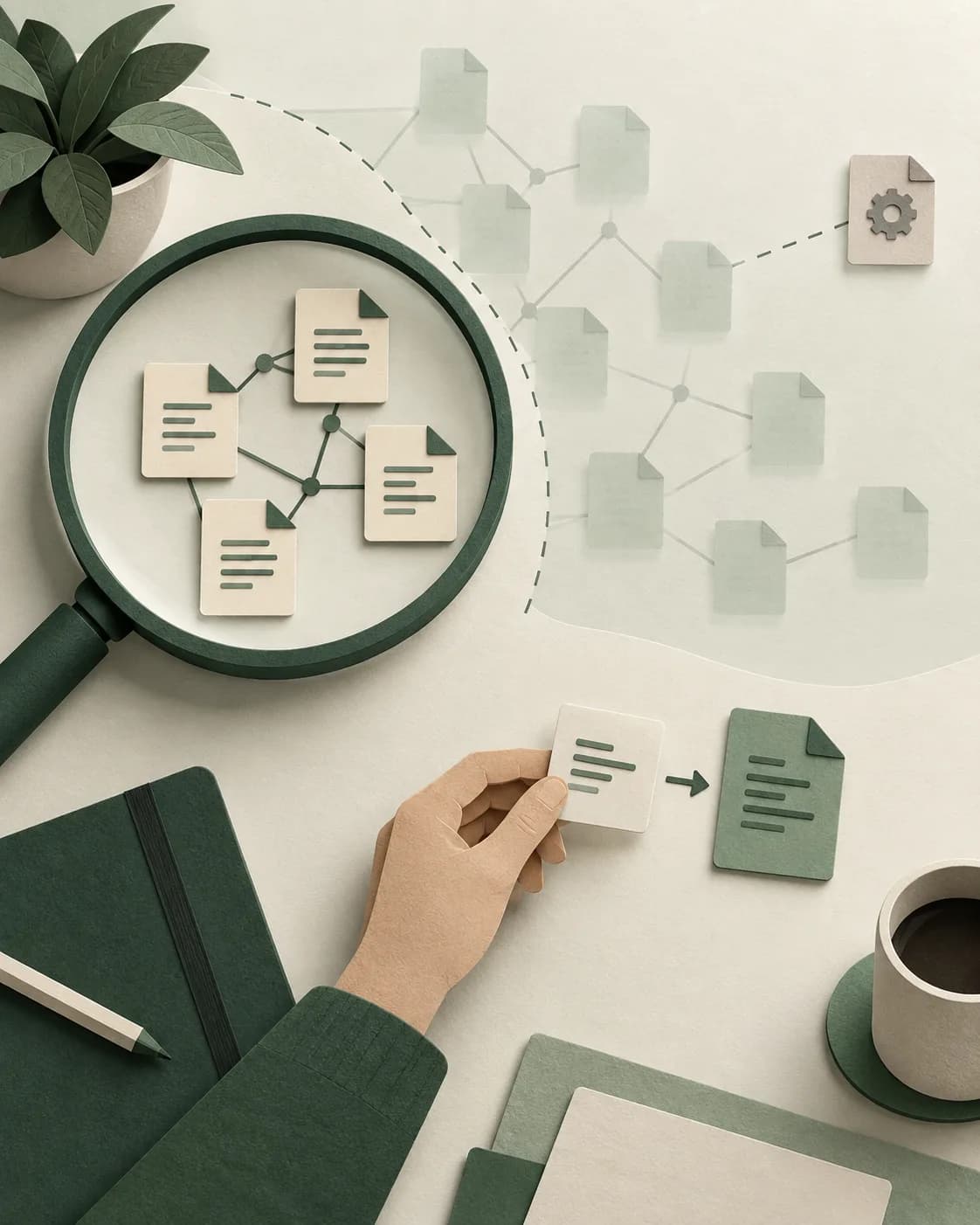 Concept illustration of inspected files under a magnifying glass and unexamined connections beyond them