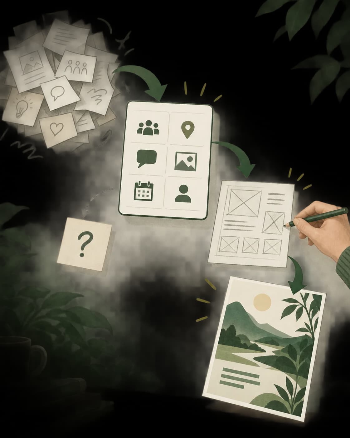 Conceptual illustration showing an organized brief, a human-reviewed rough concept and a final asset, with an unresolved question kept separate.