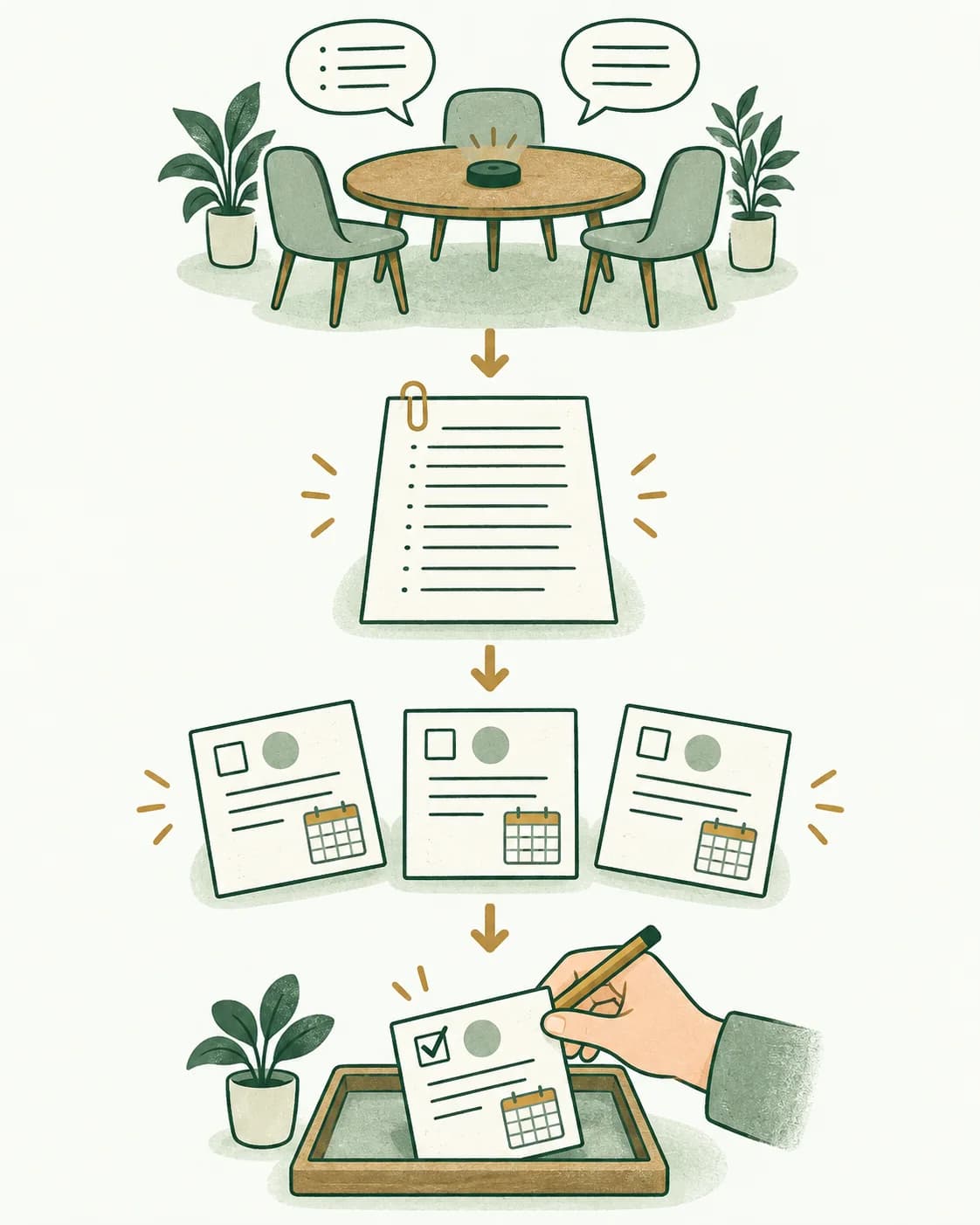 A recorded meeting becomes owned next actions that a person confirms
