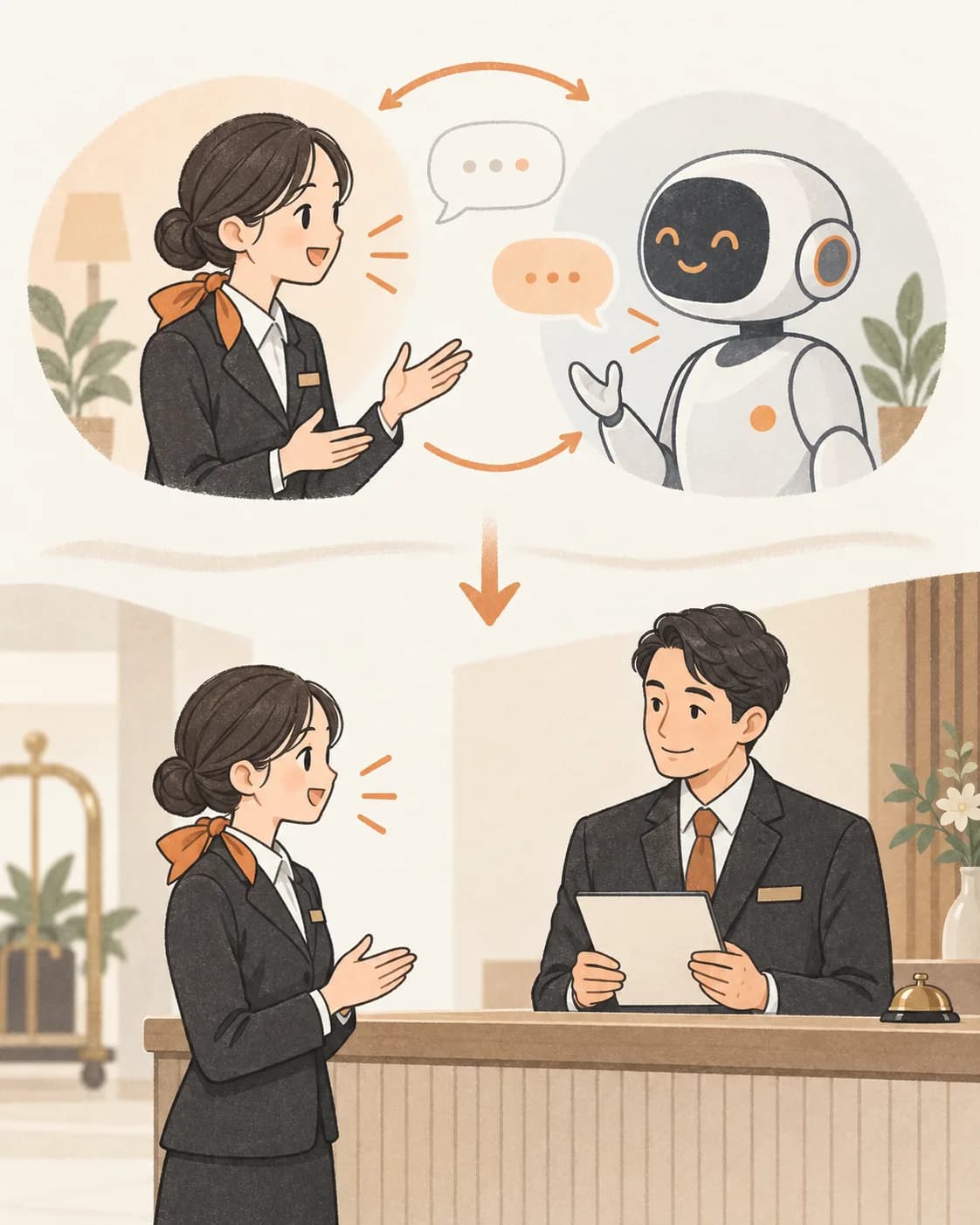 A trainee rehearses with an AI conversation partner above, then practises face to face with a human supervisor in a separate scene below.